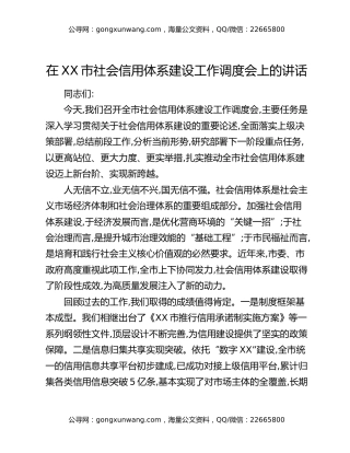 在XX市社会信用体系建设工作调度会上的讲话