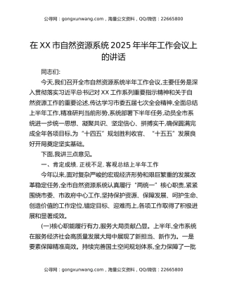 在XX市自然资源系统2025年半年工作会议上的讲话