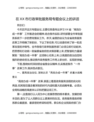 在XX市行政审批服务局专题会议上的讲话