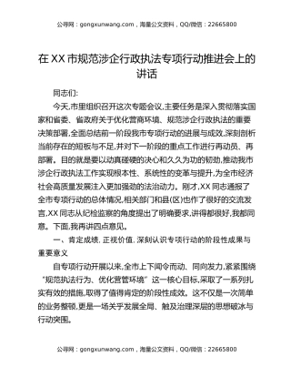 在XX市规范涉企行政执法专项行动推进会上的讲话