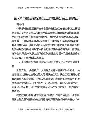 在XX市食品安全整治工作推进会议上的讲话