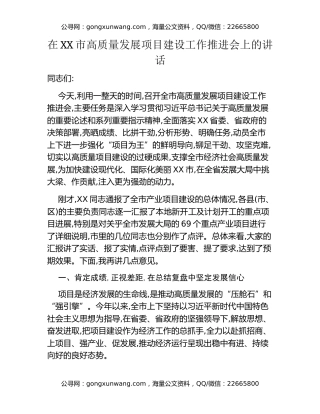在XX市高质量发展项目建设工作推进会上的讲话