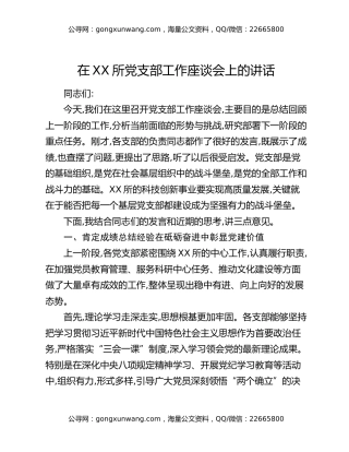 在XX所党支部工作座谈会上的讲话