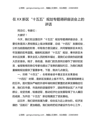 在XX新区“十五五”规划专题调研座谈会上的讲话