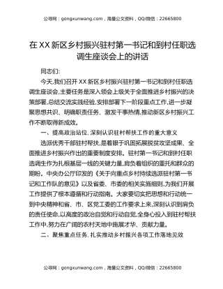 在XX新区乡村振兴驻村第一书记和到村任职选调生座谈会上的讲话