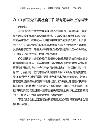 在XX新区党工委社会工作部专题会议上的讲话