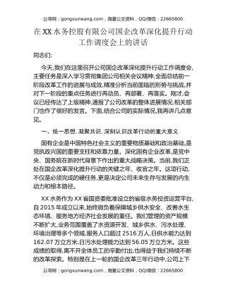 在XX水务控股有限公司国企改革深化提升行动工作调度会上的讲话