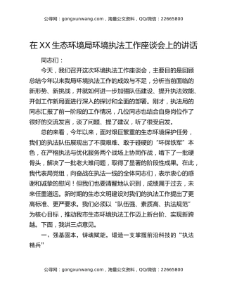 在XX生态环境局环境执法工作座谈会上的讲话