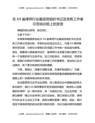 在XX省律师行业基层党组织书记及党务工作者示范培训班上的发言