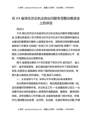 在XX省深化涉企执法突出问题专项整治推进会上的讲话