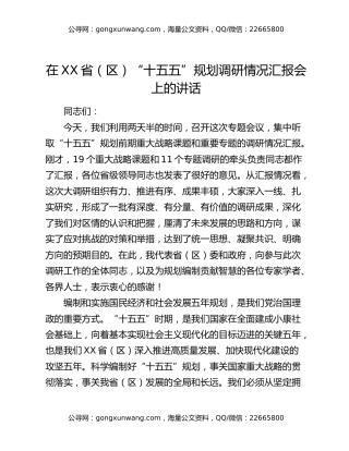 在XX省（区）“十五五”规划调研情况汇报会上的讲话