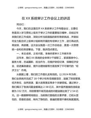 在XX系统审计工作会议上的讲话
