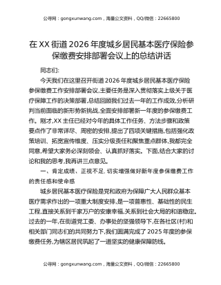 在XX街道2026年度城乡居民基本医疗保险参保缴费安排部署会议上的总结讲话