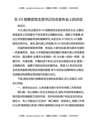 在XX销售部党支部书记任命宣布会上的讲话