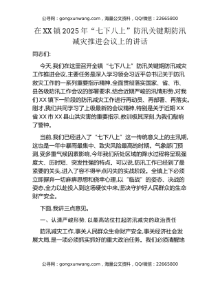 在XX镇2025年“七下八上”防汛关键期防汛减灾推进会议上的讲话