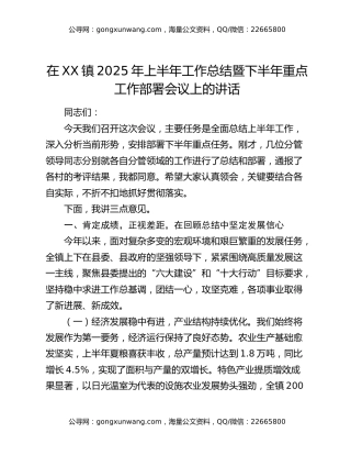 在XX镇2025年上半年工作总结暨下半年重点工作部署会议上的讲话