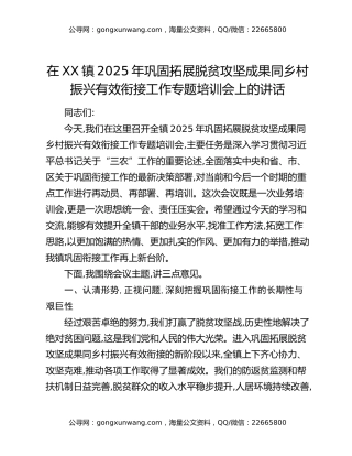 在XX镇2025年巩固拓展脱贫攻坚成果同乡村振兴有效衔接工作专题培训会上的讲话