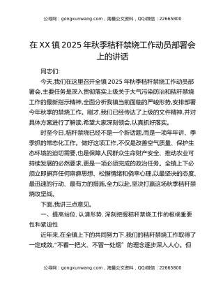 在XX镇2025年秋季秸秆禁烧工作动员部署会上的讲话
