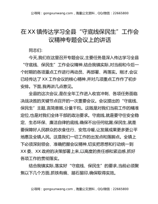 在XX镇传达学习全县“守底线保民生”工作会议精神专题会议上的讲话