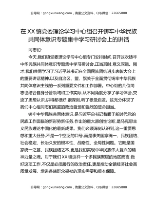 在XX镇党委理论学习中心组召开铸牢中华民族共同体意识专题集中学习研讨会上的讲话