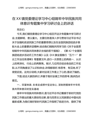 在XX镇党委理论学习中心组铸牢中华民族共同体意识专题集中学习研讨会上的讲话(1)