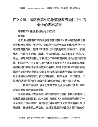 在XX镇六届区委第七轮巡察整改专题民主生活会上的表态发言