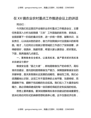 在XX镇农业农村重点工作推进会议上的讲话