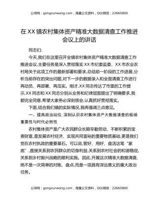 在XX镇农村集体资产精准大数据清查工作推进会议上的讲话