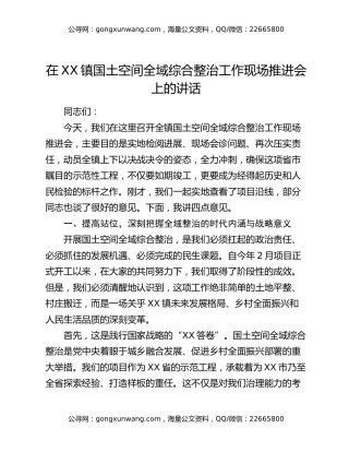 在XX镇国土空间全域综合整治工作现场推进会上的讲话