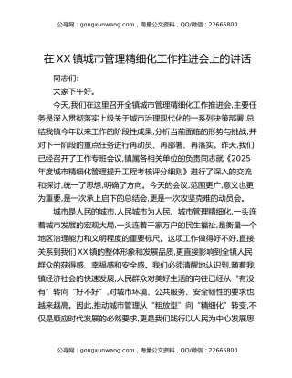在XX镇城市管理精细化工作推进会上的讲话