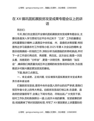 在XX镇巩固拓展脱贫攻坚成果专题会议上的讲话