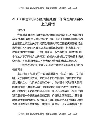 在XX镇意识形态暨舆情处置工作专题培训会议上的讲话