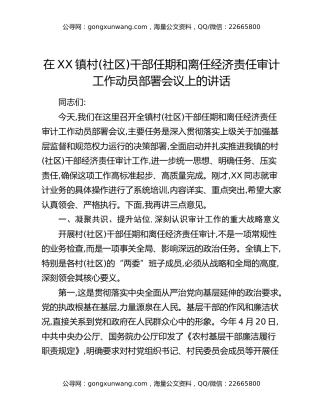 在XX镇村(社区)干部任期和离任经济责任审计工作动员部署会议上的讲话