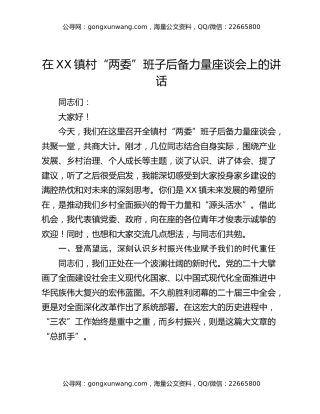 在XX镇村“两委”班子后备力量座谈会上的讲话