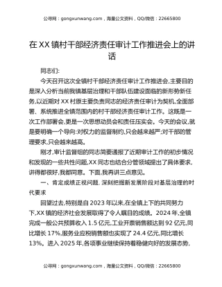 在XX镇村干部经济责任审计工作推进会上的讲话