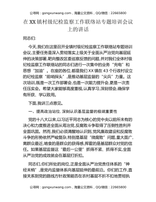 在XX镇村级纪检监察工作联络站专题培训会议上的讲话