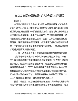 在XX集团公司党委(扩大)会议上的讲话