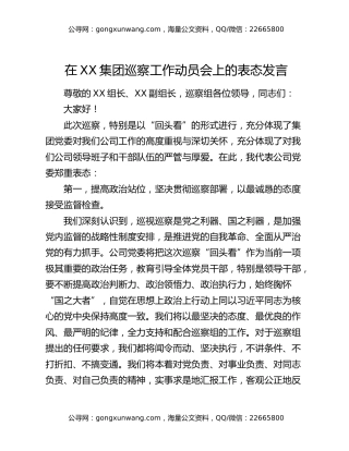 在XX集团巡察工作动员会上的表态发言