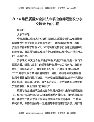 在XX集团质量安全执法专项检查问题整改分享交流会上的讲话