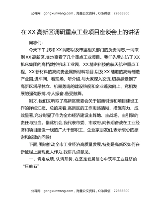 在XX高新区调研重点工业项目座谈会上的讲话