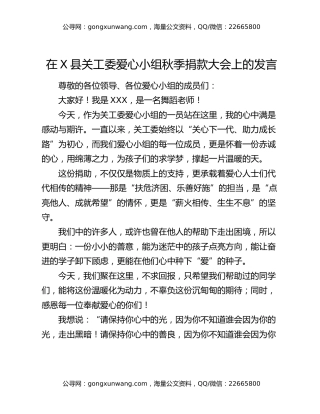 在X县关工委爱心小组秋季捐款大会上的发言