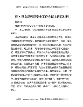在X县食品药品安全工作会议上讲话材料