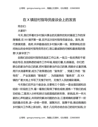 在X镇驻村指导员座谈会上的发言