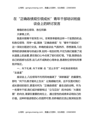 在“正确政绩观引领成长”青年干部培训班座谈会上的研讨发言
