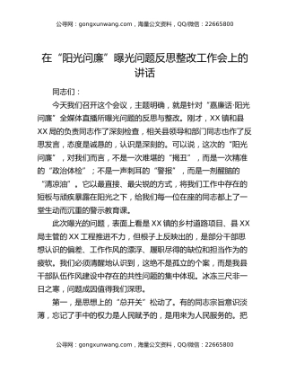 在“阳光问廉”曝光问题反思整改工作会上的讲话