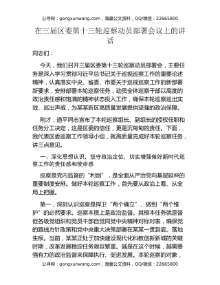 在三届区委第十三轮巡察动员部署会议上的讲话