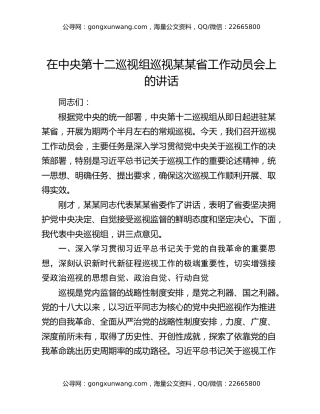 在中央第十二巡视组巡视某某省工作动员会上的讲话