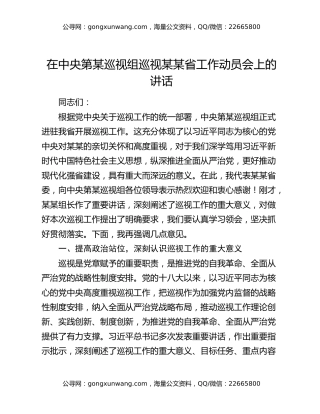 在中央第某巡视组巡视某某省工作动员会上的讲话