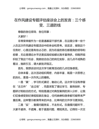 在作风建设专题评估座谈会上的发言：三个感受、三道防线