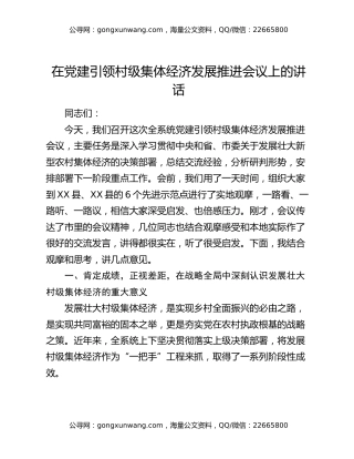 在党建引领村级集体经济发展推进会议上的讲话
